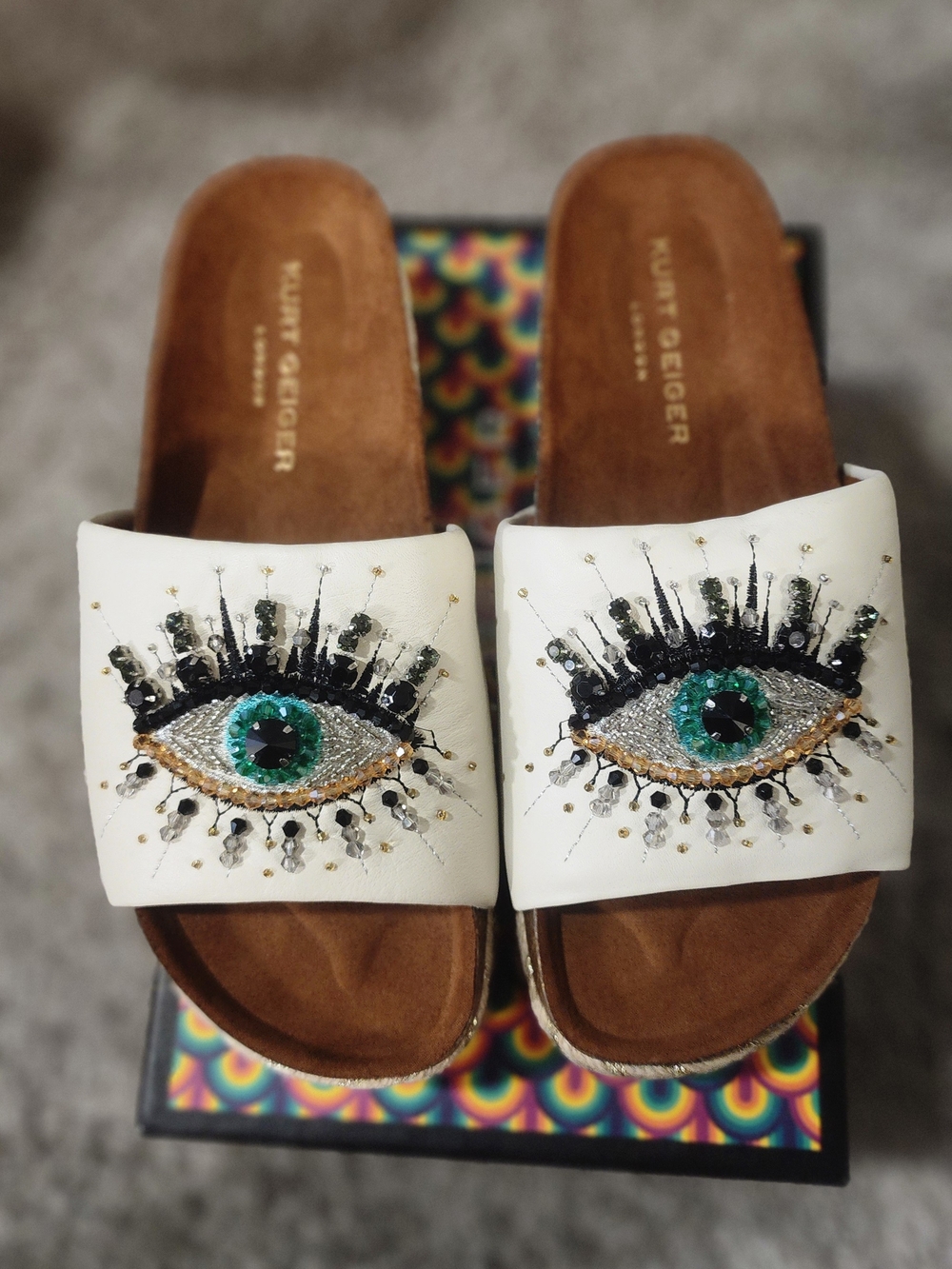 Kurt Geiger White Embellished Eye Slide Sandals